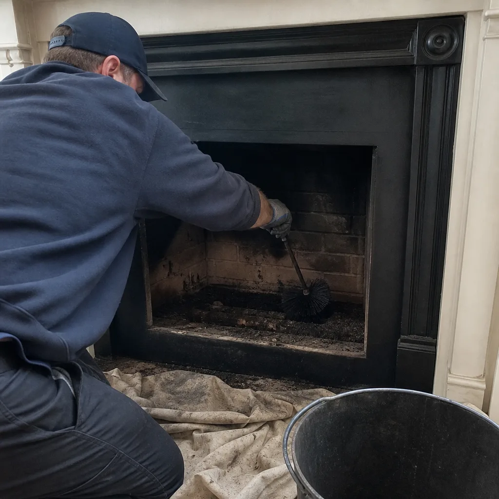 Professional chimney sweep cleaning a dirty fireplace hearth with a wire brush.