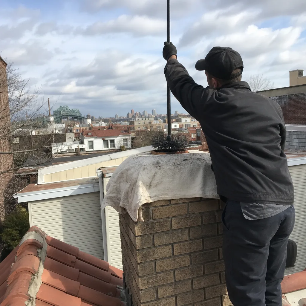 Professional chimney sweep cleaning a brick chimney on a residential roof.