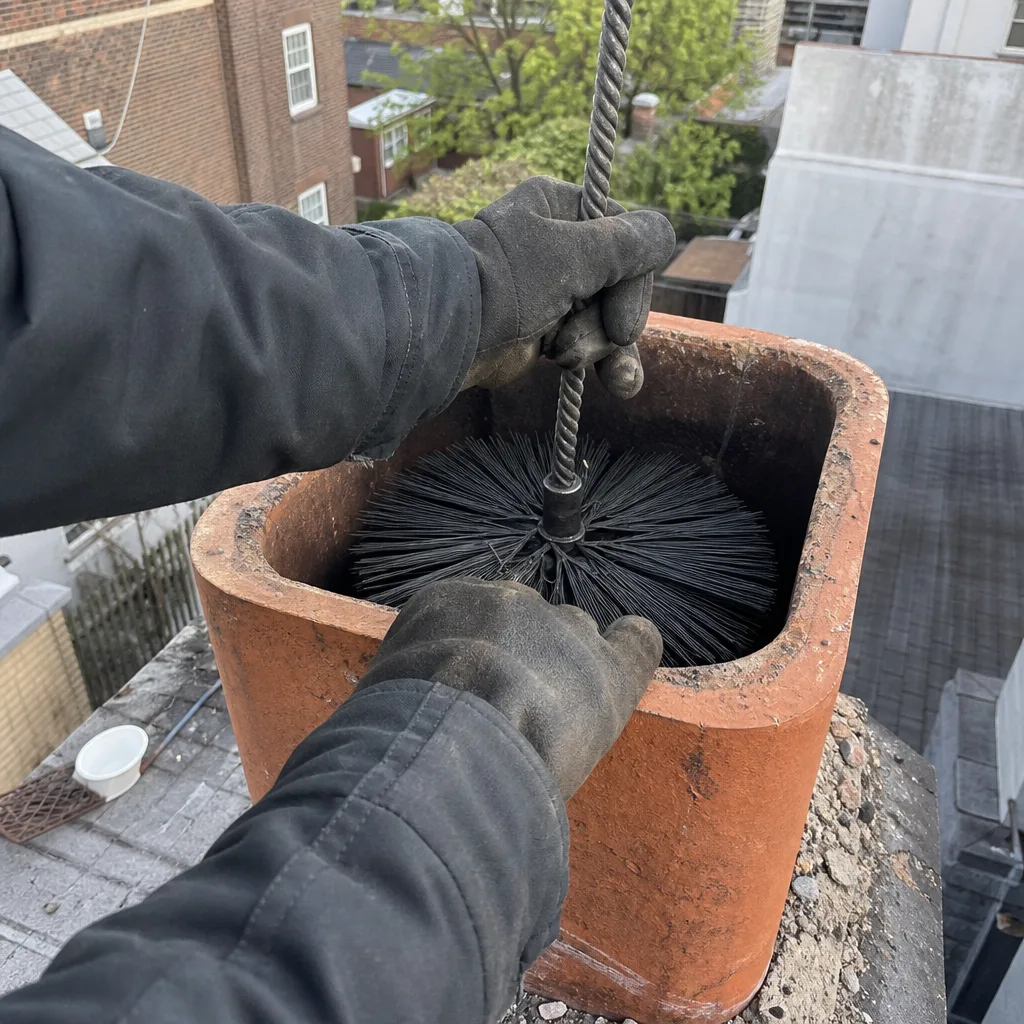 Professional chimney sweep using a chimney brush to clean a brick flue.