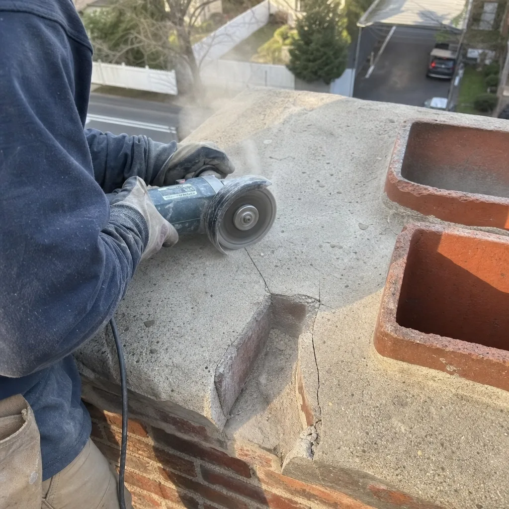 Technician using an angle grinder to repair a cracked chimney crown