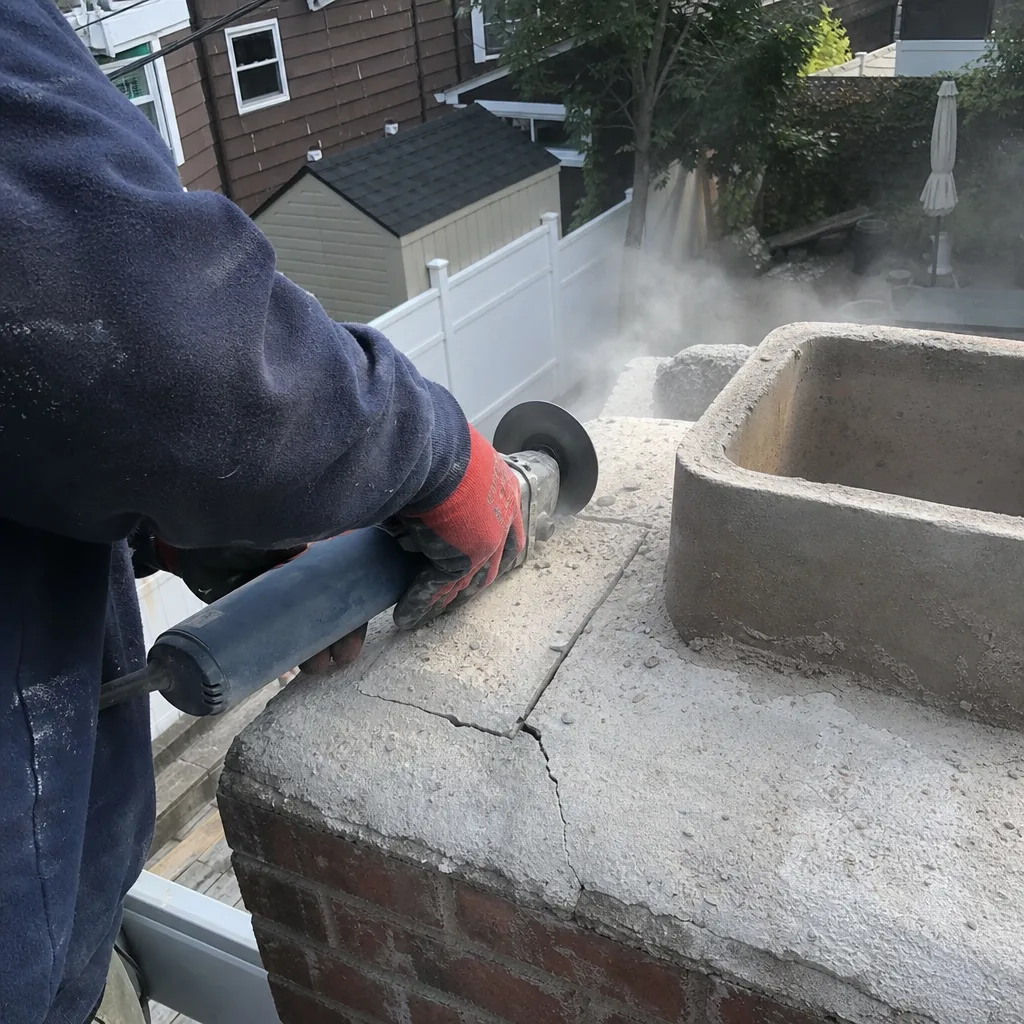Professional contractor using a power saw for concrete chimney crown repair.