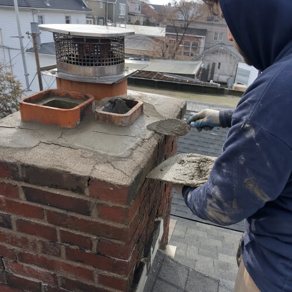 Professional contractor applying mortar repair to a damaged chimney crown