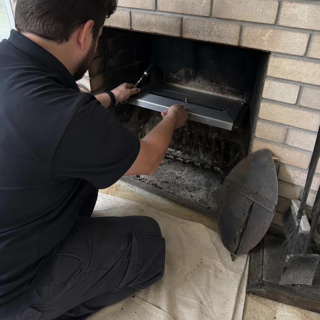 Professional technician performing fireplace maintenance and chimney cleaning services in Astoria, NY