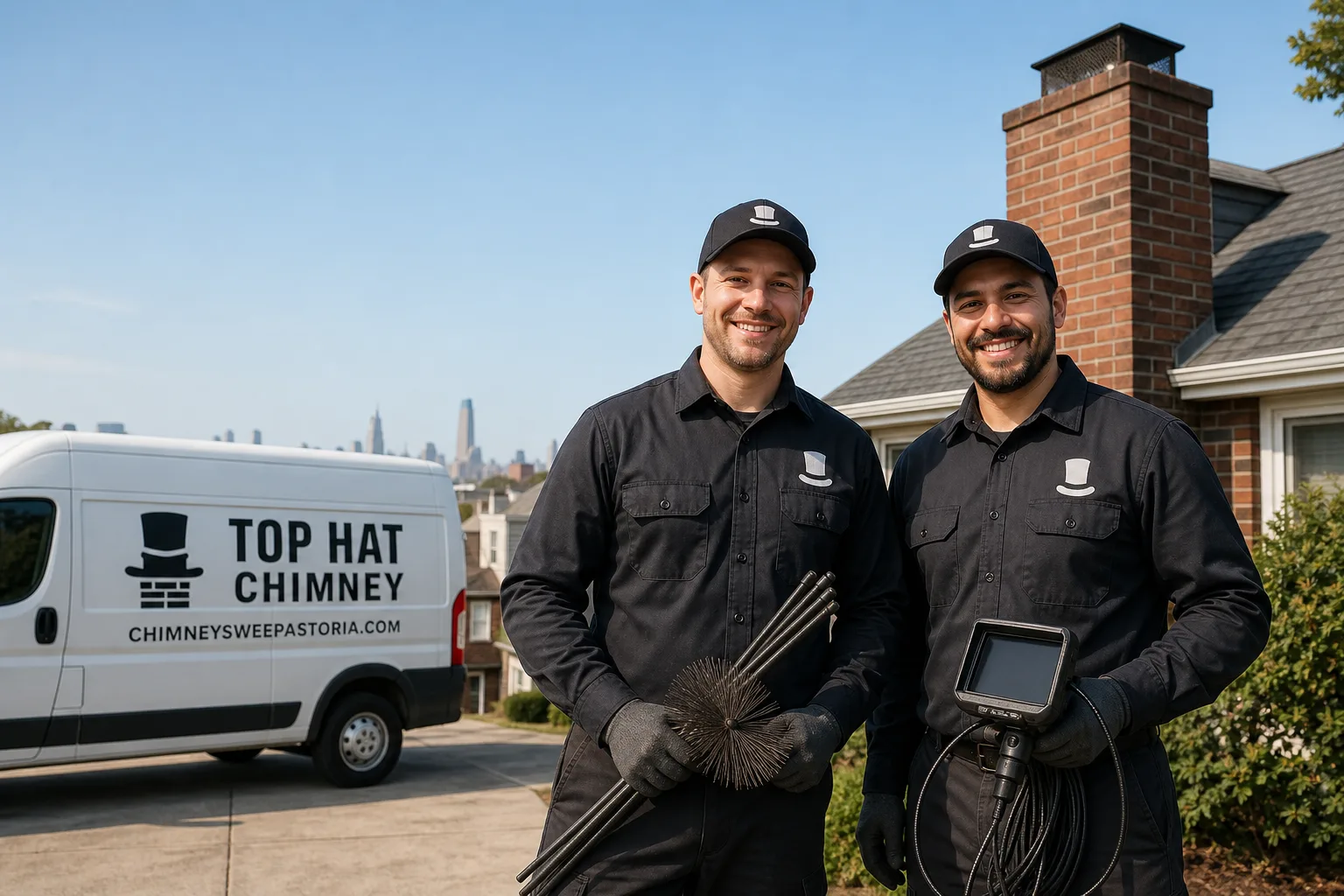 Top Hat Chimney chimney cleaning service vehicle and crew in Astoria, NY